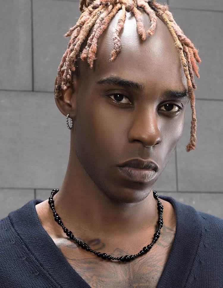 Black agate necklace male hip-hop personality niche design black stone bead collarbone chain - MOWTE