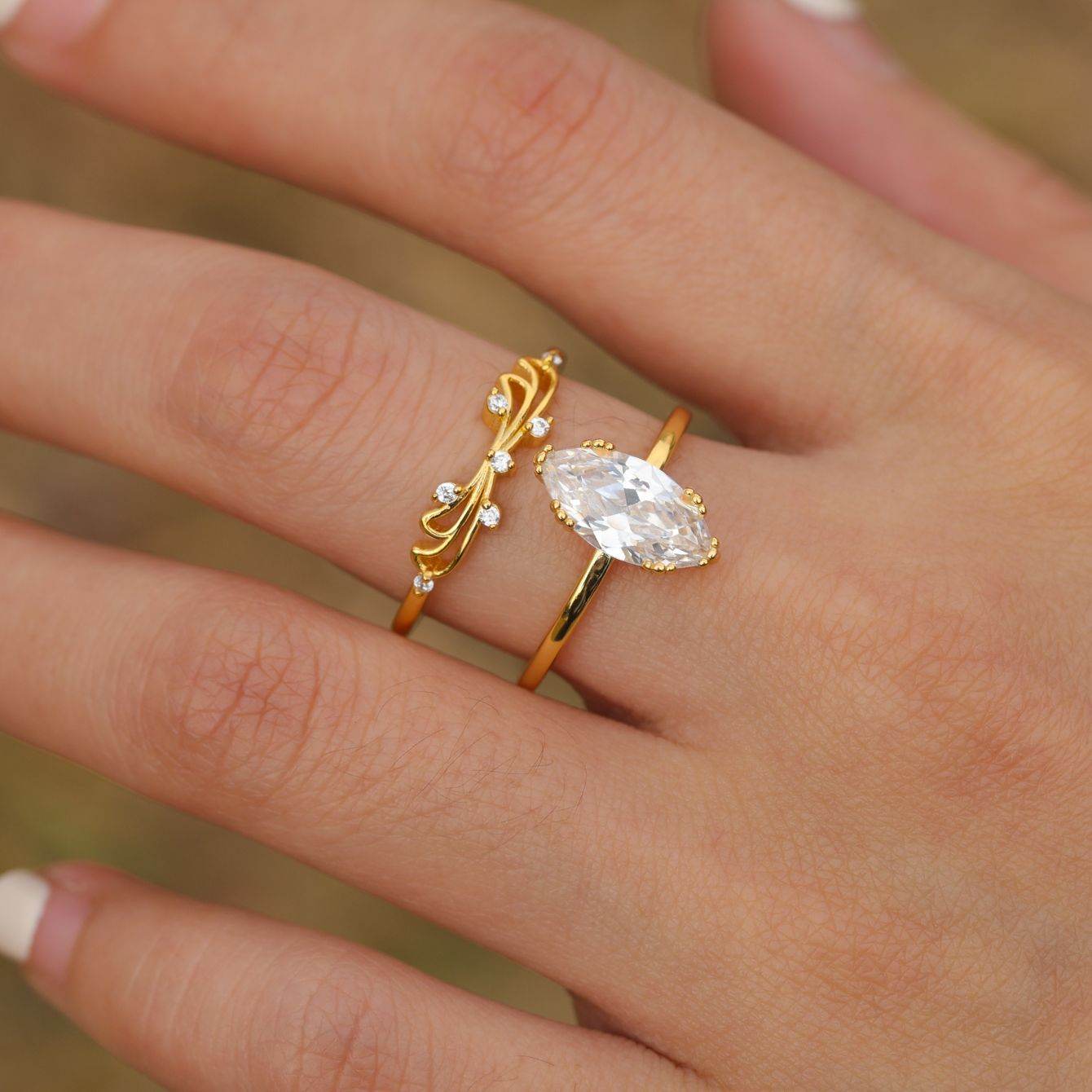 S925 Silver Two-Piece Set Moissanite Ring with 2ct Marquise-Cut Center Stone Exquisite for Stacking - MOWTE