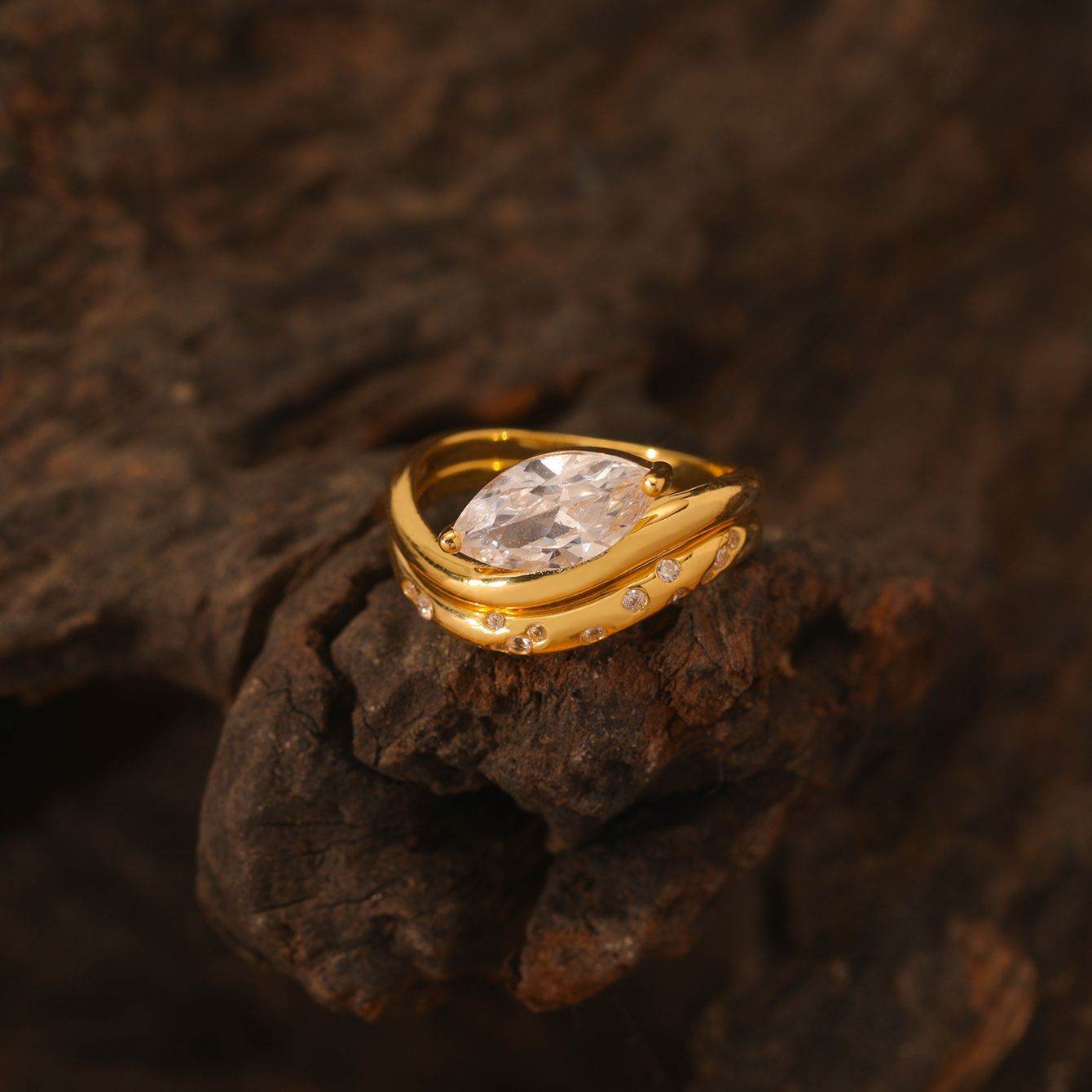 S925 Silver Two-Piece Set Moissanite Ring with 2ct Marquise-Cut Center Stone Exquisite for Stacking - MOWTE