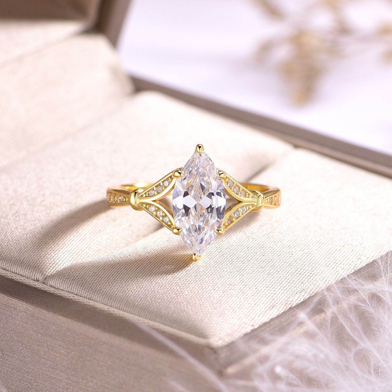S925 Silver Ring with 2ct Marquise-Cut Center Stone Exquisite for Stacking - MOWTE