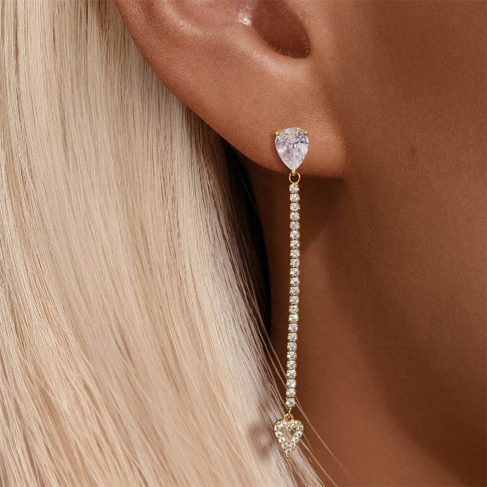 S925 sterling silver fashionable water droplet zircon two wearing methods heart inlaid zircon pendant design sense long earrings - MOWTE