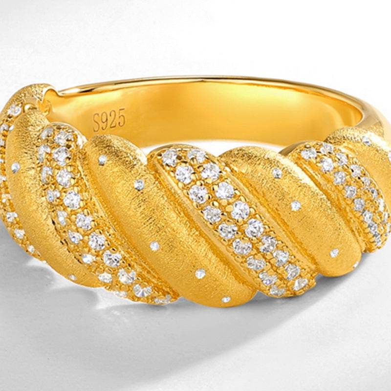 Fried Dough Twists Brushed Ring Women ins Cool S925 Sterling Silver Gold Plated Zircon Ring - MOWTE