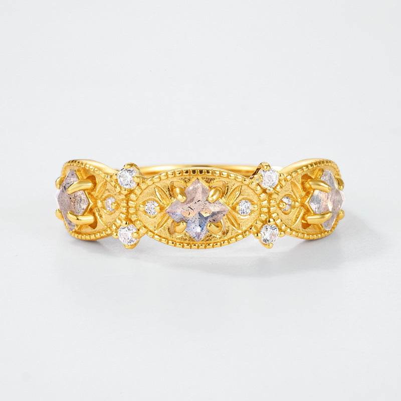 Light luxury carved hollow natural elongated stone ring S925 silver plated 10K gold ring - MOWTE