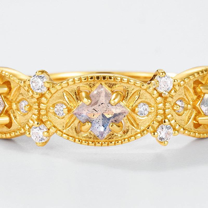 Light luxury carved hollow natural elongated stone ring S925 silver plated 10K gold ring - MOWTE