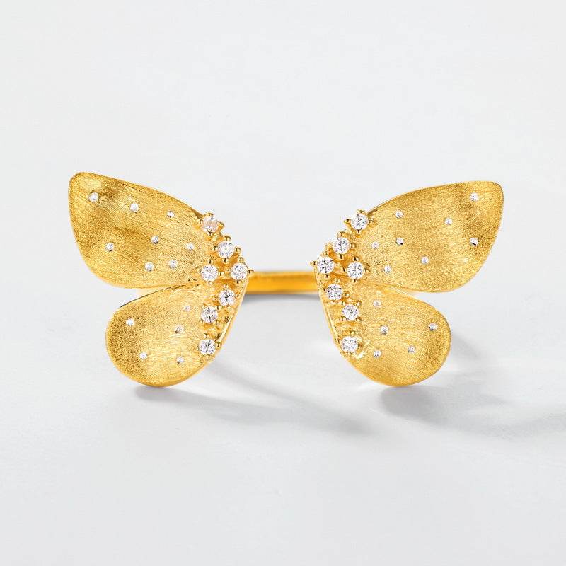 Creative Butterfly Brushed Ring Women S925 Silver Gold Plated Ring Light Luxury Handpiece - MOWTE