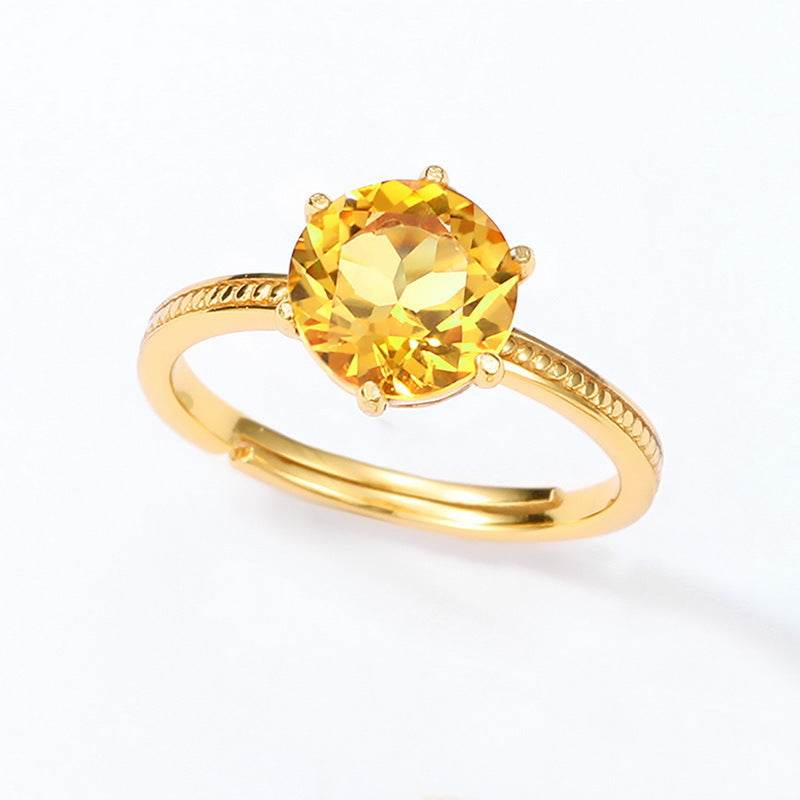 Round Natural Citrine Gold-Plated Ring Simple S925 Sterling Silver Geometric Band - MOWTE