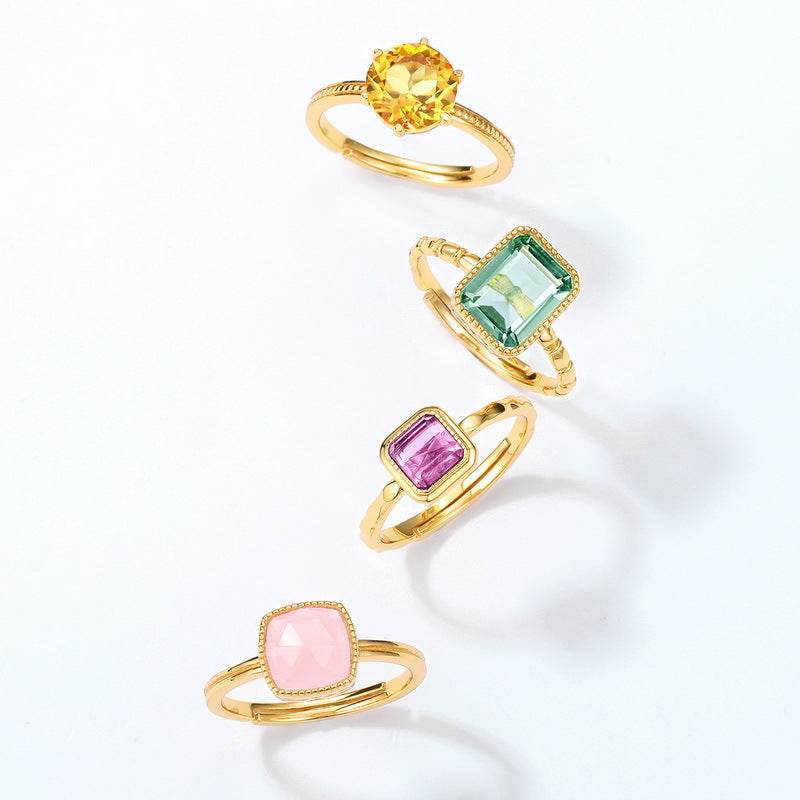 Round Natural Citrine Gold-Plated Ring Simple S925 Sterling Silver Geometric Band - MOWTE