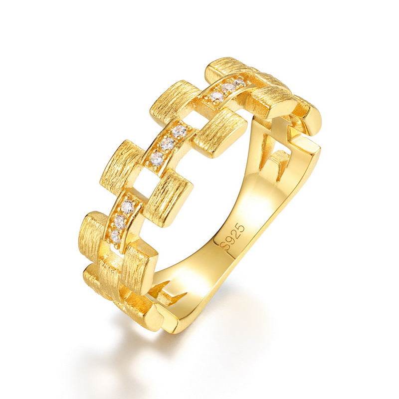 Square ring light luxury retro S925 pure silver gold-plated band niche design - MOWTE