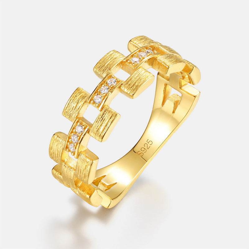 Square ring light luxury retro S925 pure silver gold-plated band niche design - MOWTE