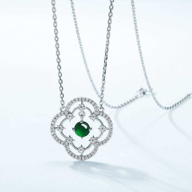 Atmospheric hollow window flower 925 silver inlaid natural jade women necklace - MOWTE