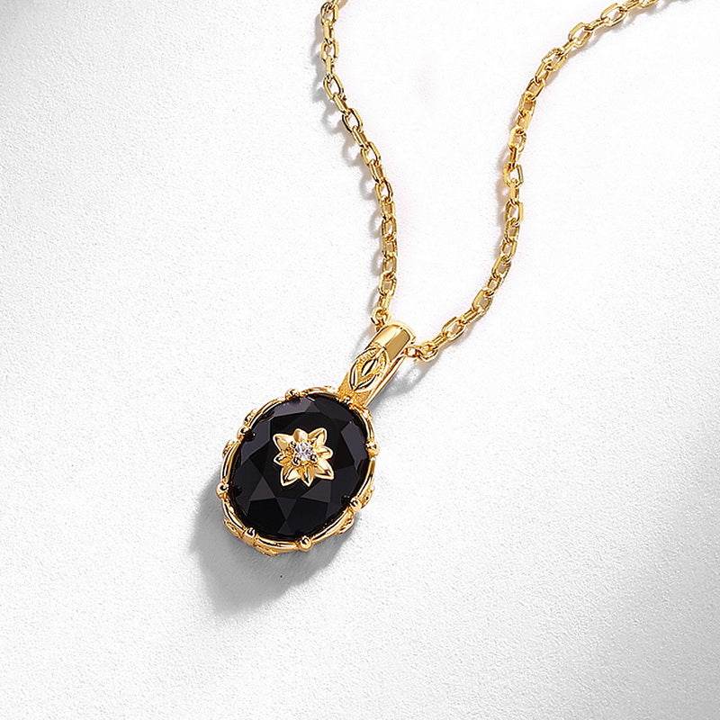 Retro luxury black agate pendant court style S925 pure silver gold-plated flower necklace - MOWTE