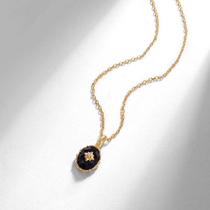 Retro luxury black agate pendant court style S925 pure silver gold-plated flower necklace - MOWTE