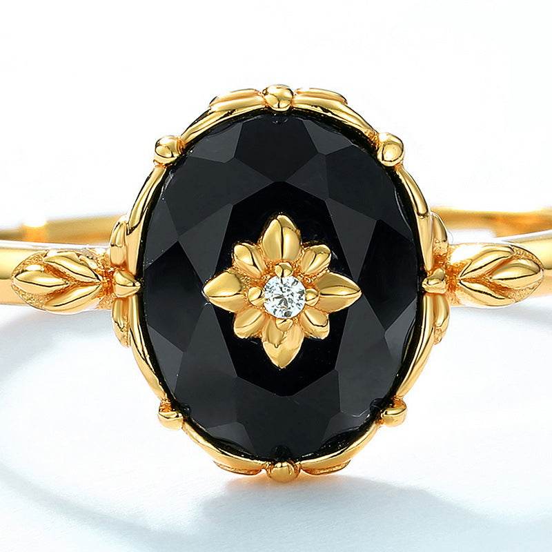 Popular black agate ring with retro pattern S925 sterling silver ring - MOWTE