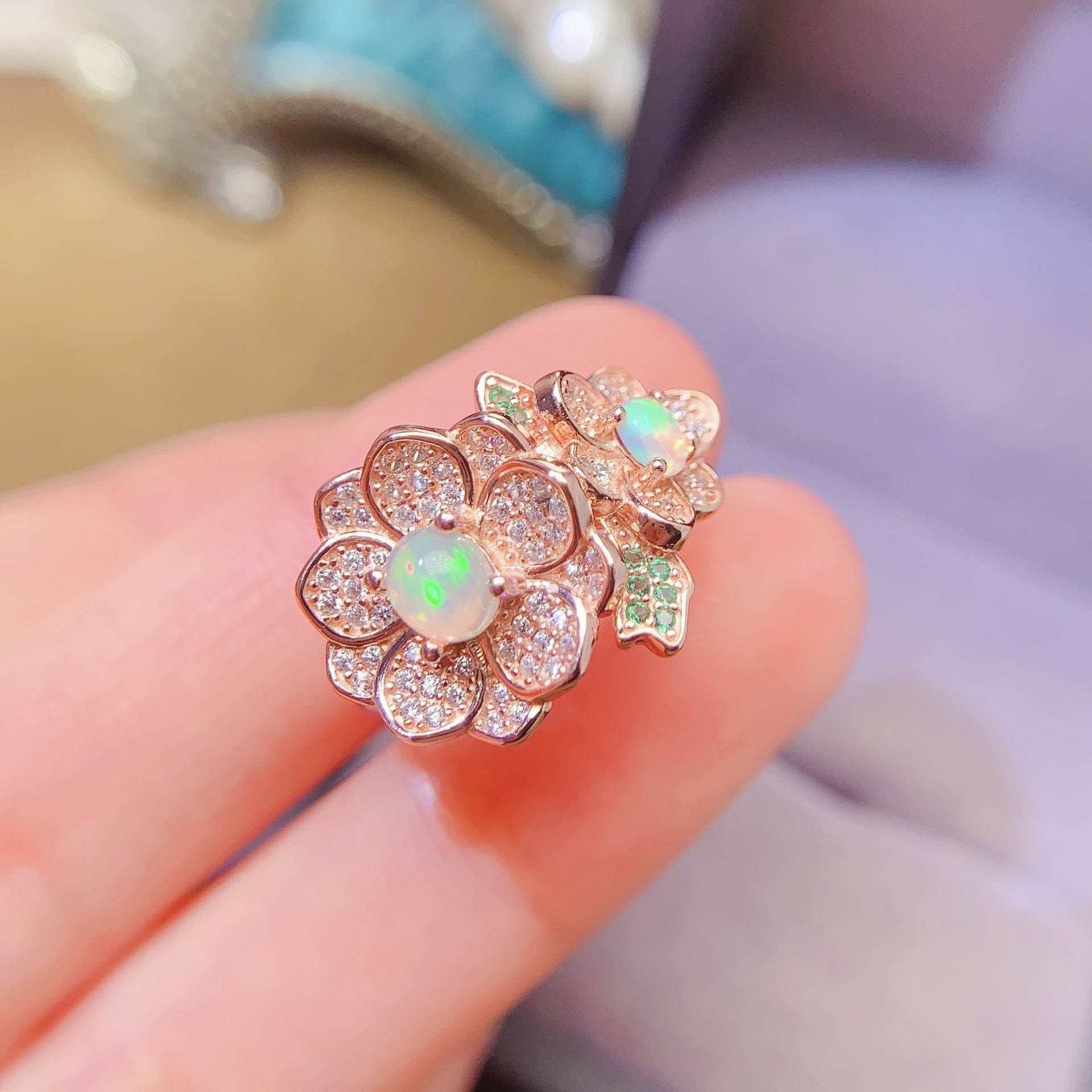 S925 pure silver oval flower natural opal ring - MOWTE