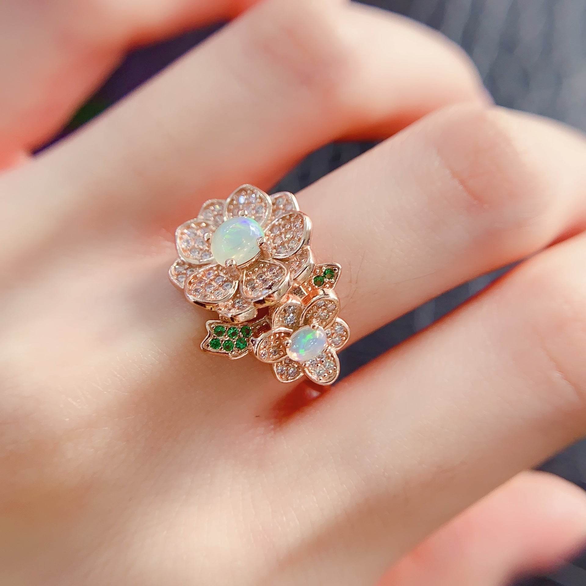 S925 pure silver oval flower natural opal ring - MOWTE