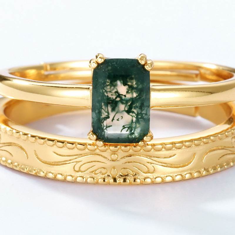 Light Luxury 925 Gold-Plated Green Moss Ring for Women Adjustable Agate Finger Ring with Aquatic Grass Design - MOWTE