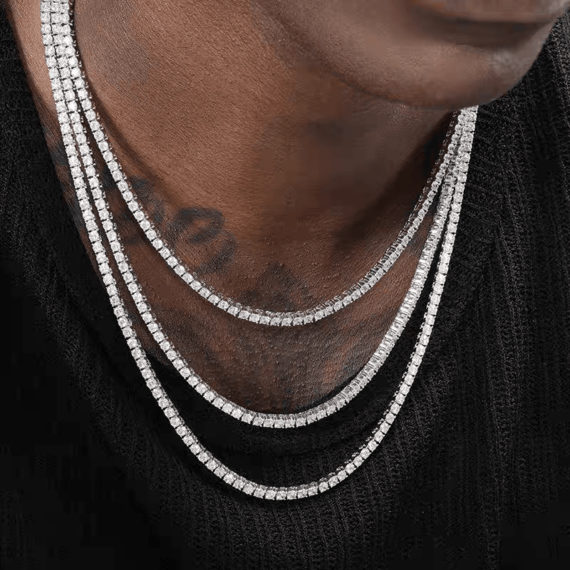 Plated platinum tennis chain full diamond necklace for men hip-hop trend street rhinestone collarbone chain for women - MOWTE