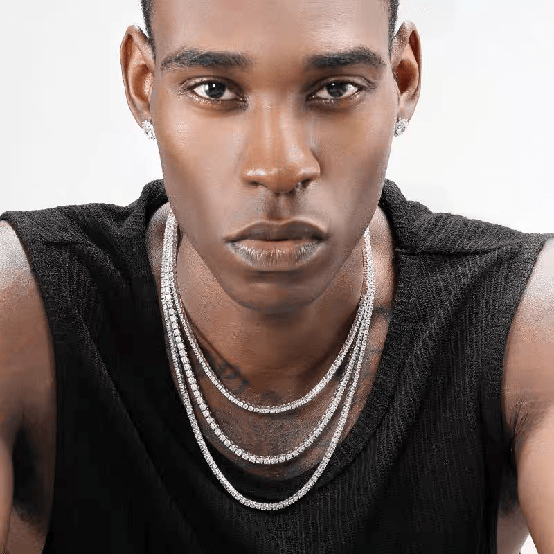 Plated platinum tennis chain full diamond necklace for men hip-hop trend street rhinestone collarbone chain for women - MOWTE