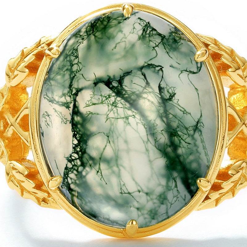 Vintage-style Moss Green Ring – Light Luxury 925 Silver Adjustable Ring with Intricate Engravings - MOWTE