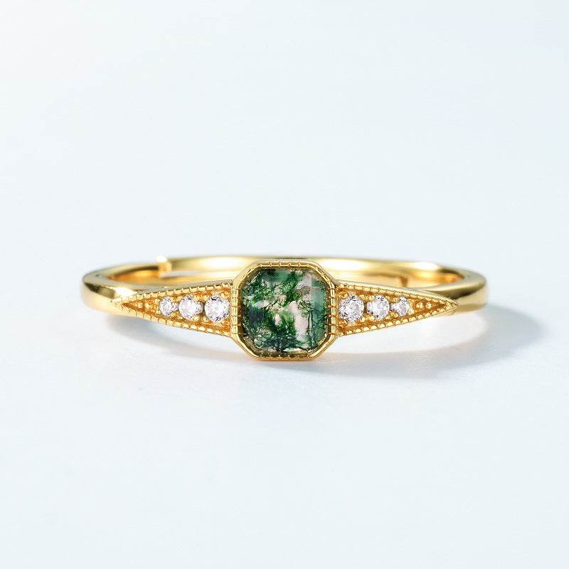 Vintage Luxury Green Moss Ring Palace S925 Pure Silver Water Grass Agate Ring - MOWTE