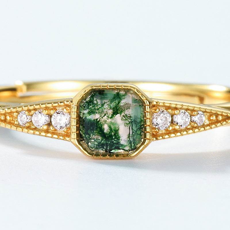 Vintage Luxury Green Moss Ring Palace S925 Pure Silver Water Grass Agate Ring - MOWTE