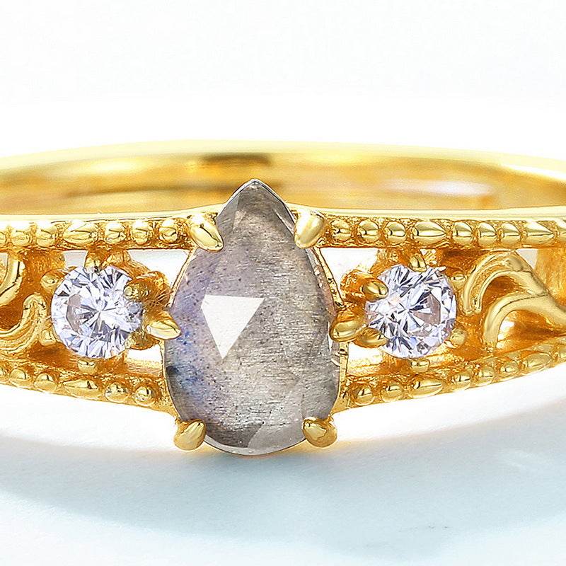 Geometric Waterdrop Labradorite Ring Vintage Lace S925 Sterling Silver Ring - MOWTE