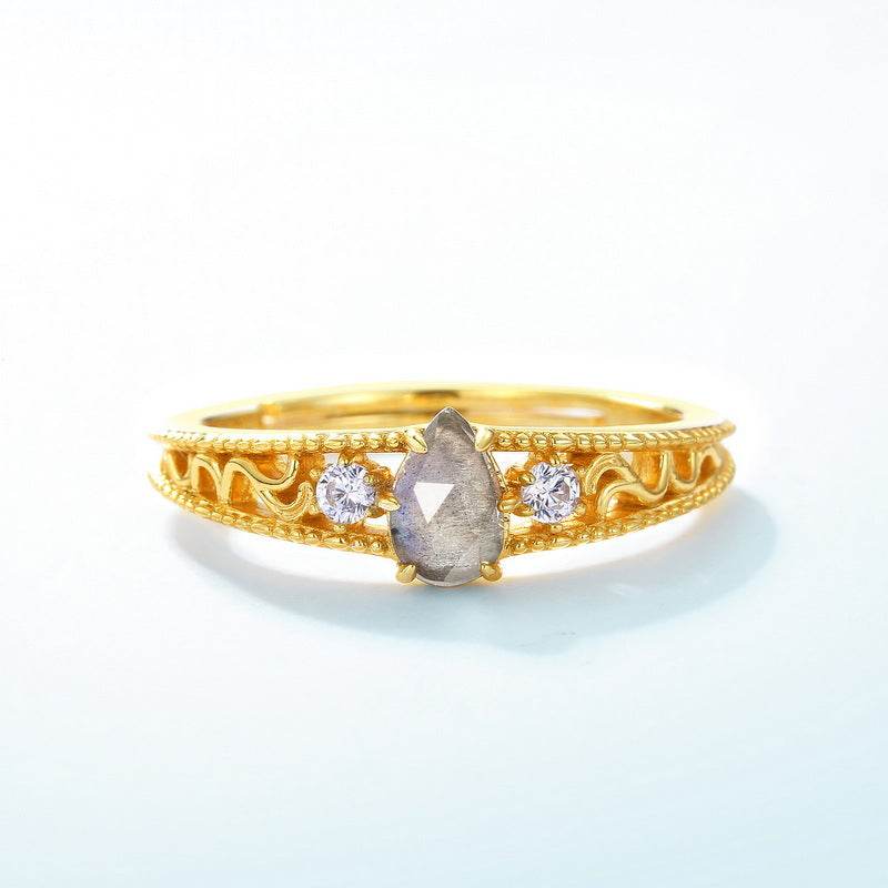 Geometric Waterdrop Labradorite Ring Vintage Lace S925 Sterling Silver Ring - MOWTE