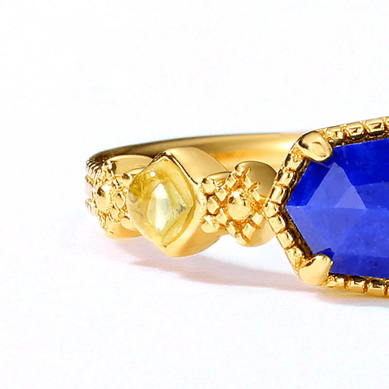 Lapis lazuli geometric 925 silver ring for women classic and elegant plated with 10K gold color treasure ring - MOWTE