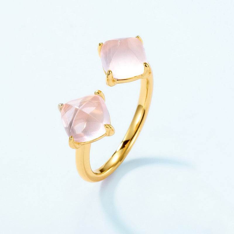 S925 Sterling Silver Rose Quartz Ring for Women Unique Minimalist Elegant Adjustable Open Ring - MOWTE
