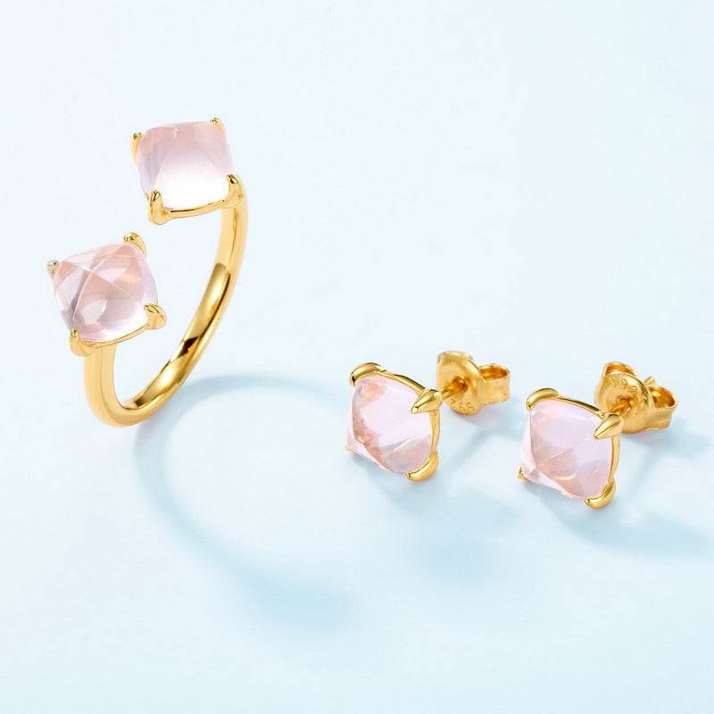 S925 Sterling Silver Rose Quartz Ring for Women Unique Minimalist Elegant Adjustable Open Ring - MOWTE