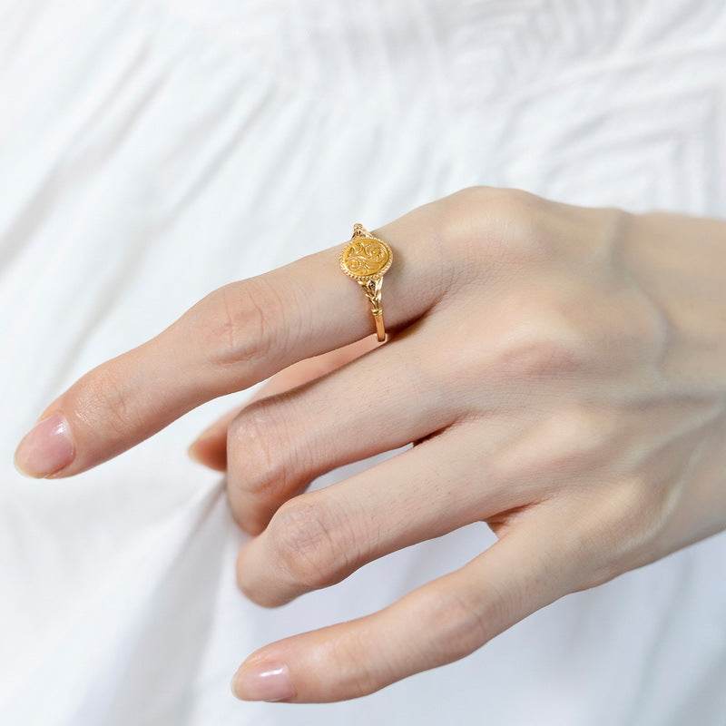 Light Luxury Classical Leaf 925 Silver Plated 9K Gold Ring Women's Mori Girl Style Delicate Floral Pattern Shiny Gold Band - MOWTE