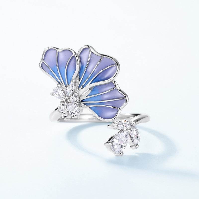 Light Luxury Gradual Guilloché Enamel Ring Blue Petal Design Adjustable Open Band for Women Elegant & Versatile - MOWTE