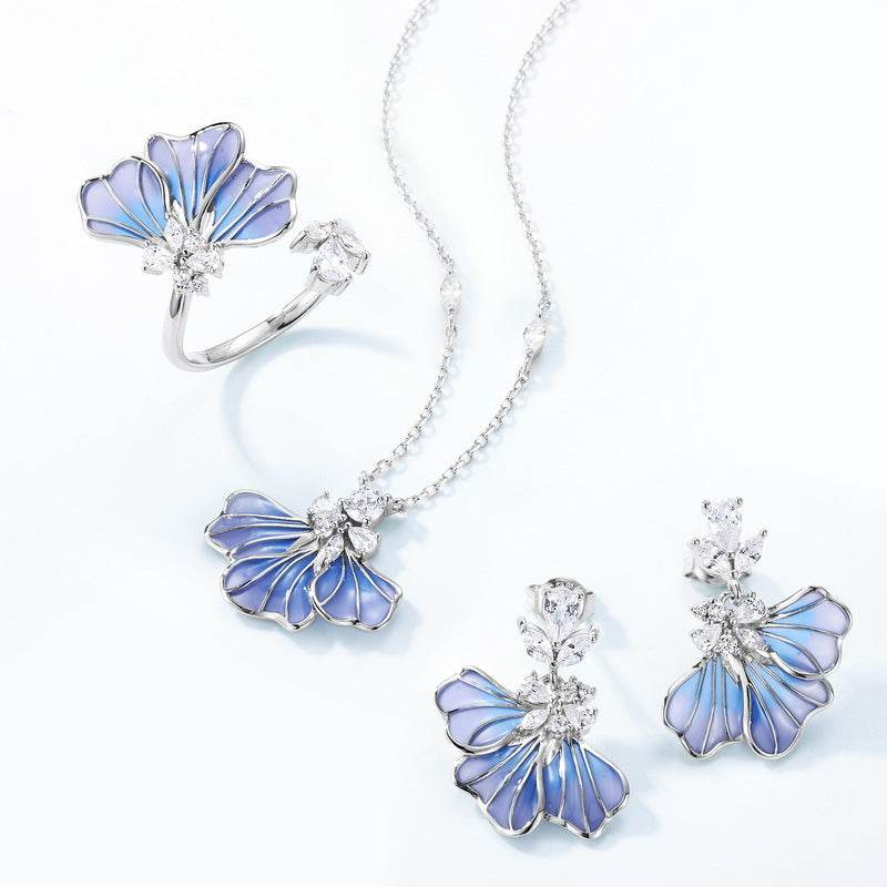 Light Luxury Gradual Guilloché Enamel Ring Blue Petal Design Adjustable Open Band for Women Elegant & Versatile - MOWTE