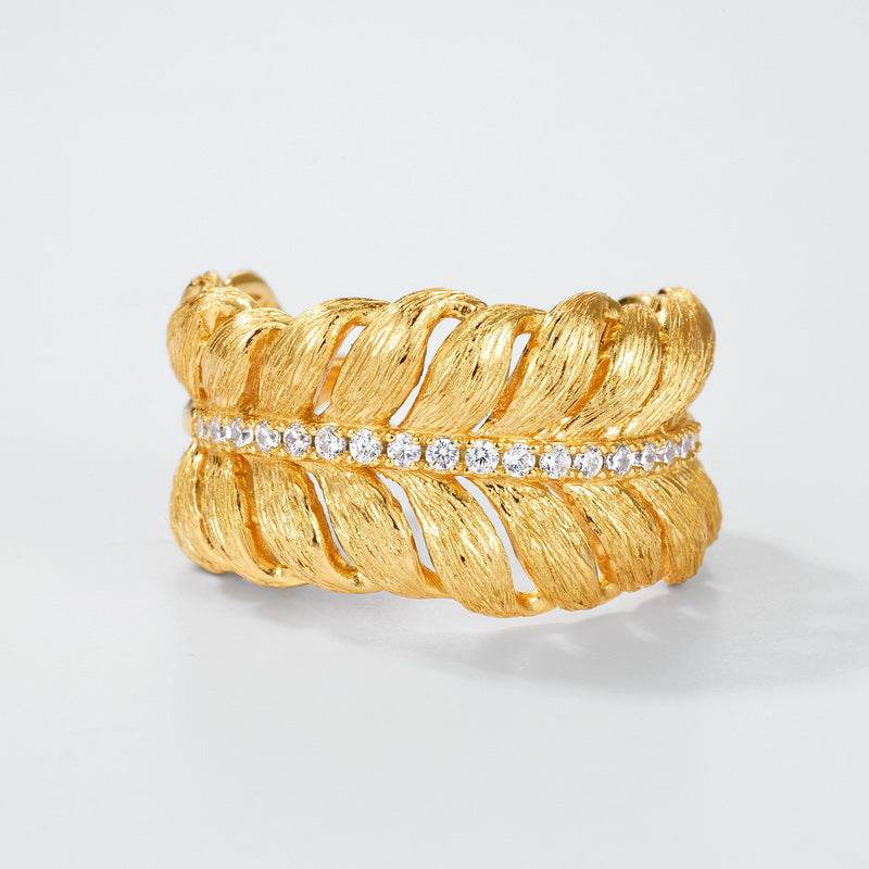 Light Luxury Brushed Finish Leaf-Shaped Diamond Ring S925 Sterling Silver Vintage Royal Style Band - MOWTE