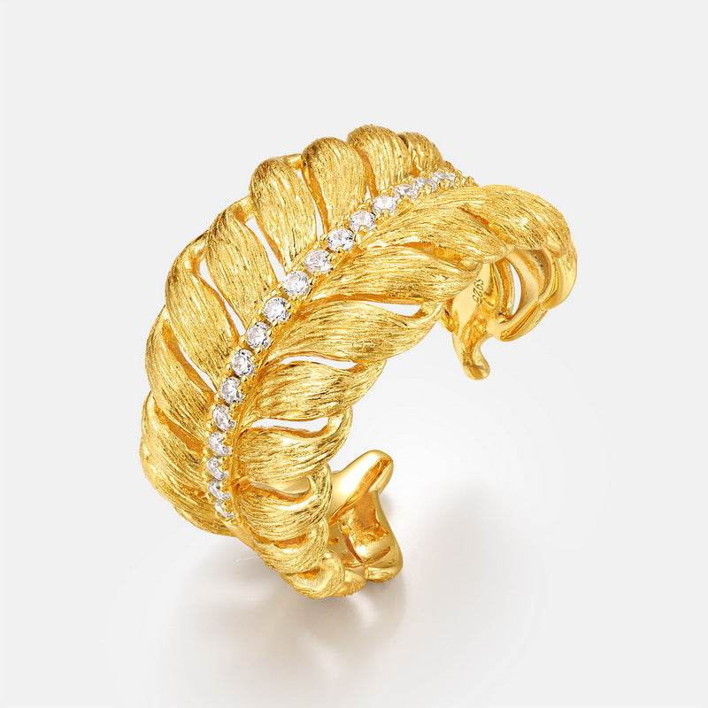 Light Luxury Brushed Finish Leaf-Shaped Diamond Ring S925 Sterling Silver Vintage Royal Style Band - MOWTE