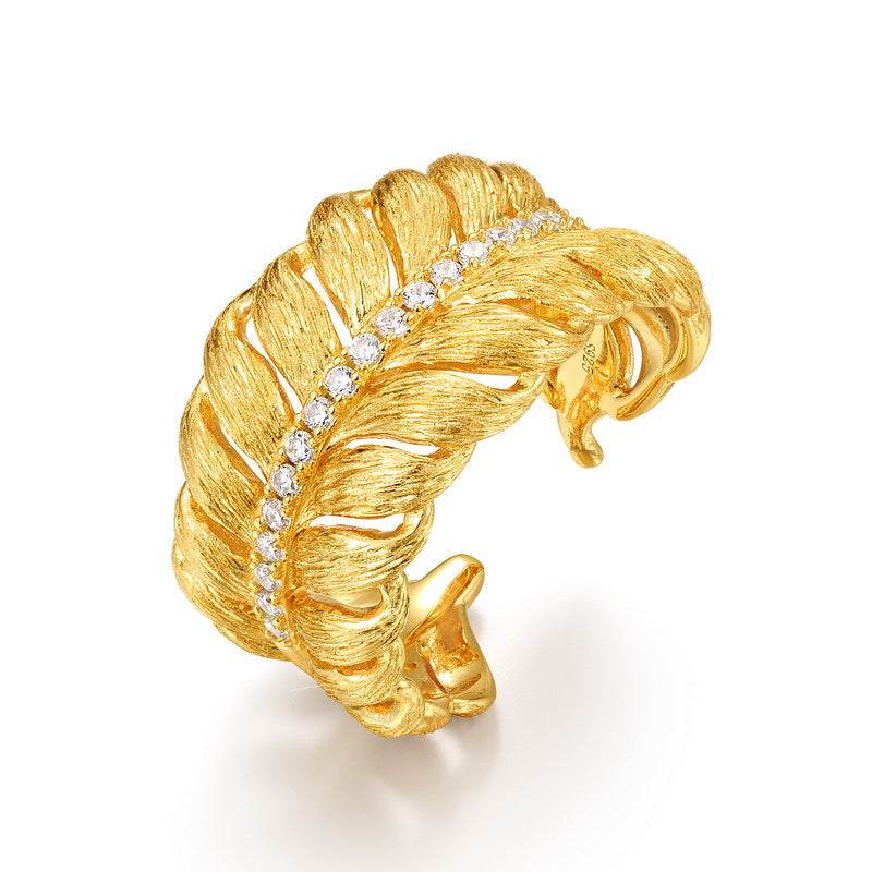 Light Luxury Brushed Finish Leaf-Shaped Diamond Ring S925 Sterling Silver Vintage Royal Style Band - MOWTE