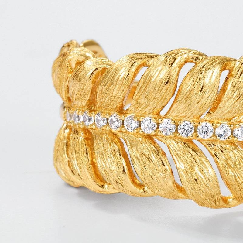Light Luxury Brushed Finish Leaf-Shaped Diamond Ring S925 Sterling Silver Vintage Royal Style Band - MOWTE