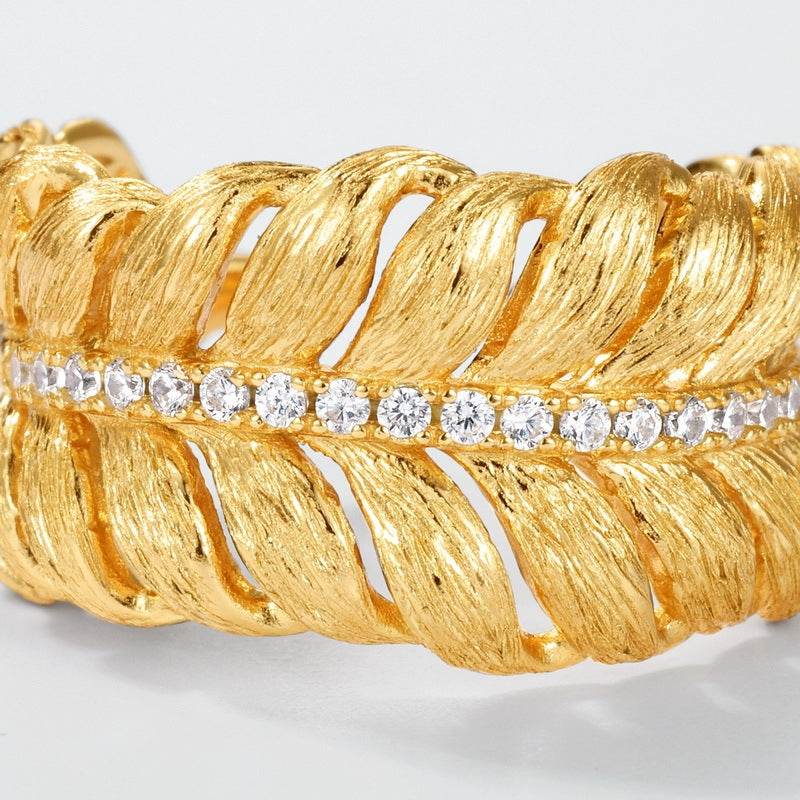 Light Luxury Brushed Finish Leaf-Shaped Diamond Ring S925 Sterling Silver Vintage Royal Style Band - MOWTE