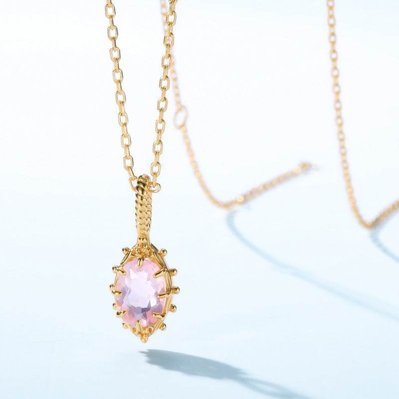Unique Vintage 925 Silver Pendant Necklace Minimalist Fashion Natural Rose Quartz Collarbone Chain for Women - MOWTE