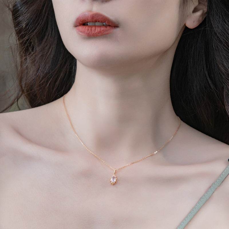 Unique Vintage 925 Silver Pendant Necklace Minimalist Fashion Natural Rose Quartz Collarbone Chain for Women - MOWTE