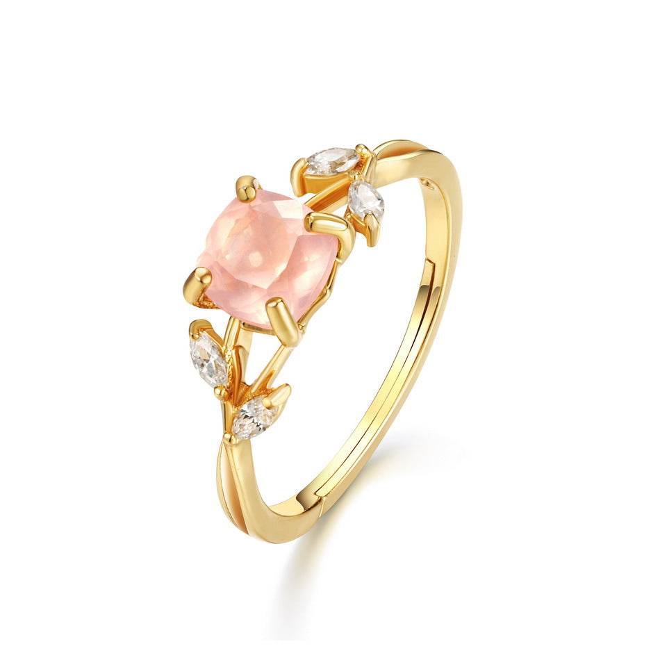 New Arrival S925 Sterling Silver Natural Rose Quartz Ring Minimalist Leaf Design Adjustable Open Band - MOWTE