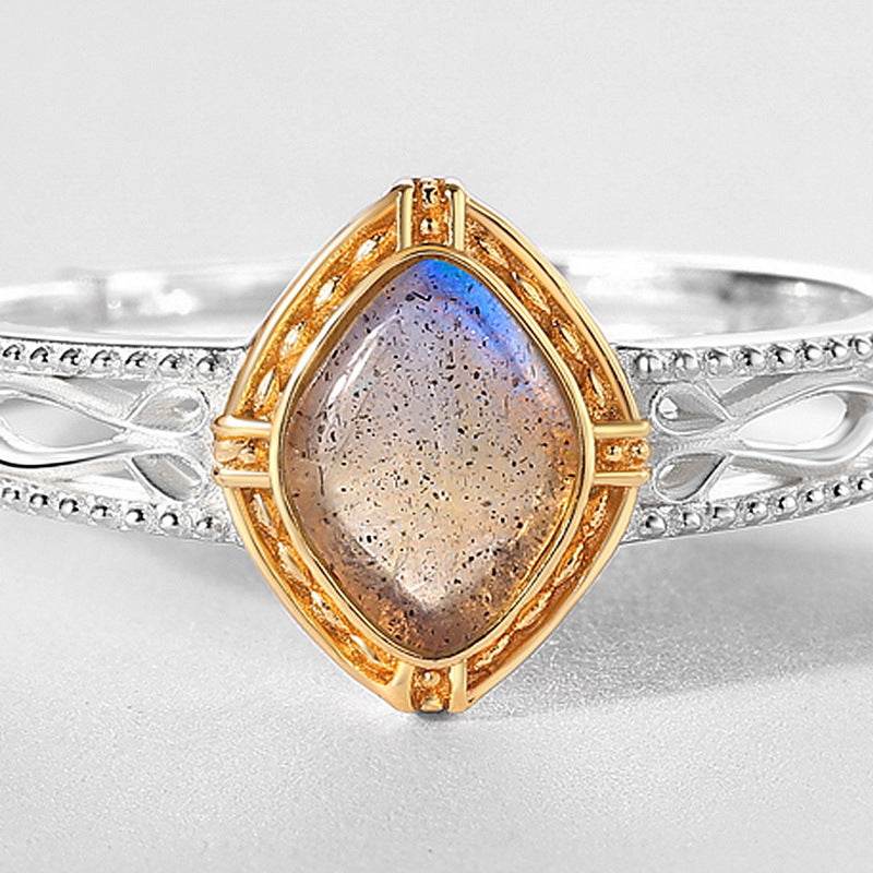 New Trend Labradorite Ring Vintage Openwork Design in S925 Sterling Silver for Women - MOWTE