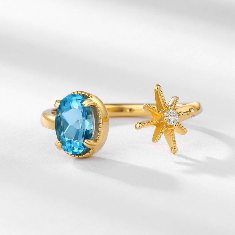 Vintage Celestial Topaz Ring Handcrafted Sterling Silver Gold-Filled Openwork Band - MOWTE