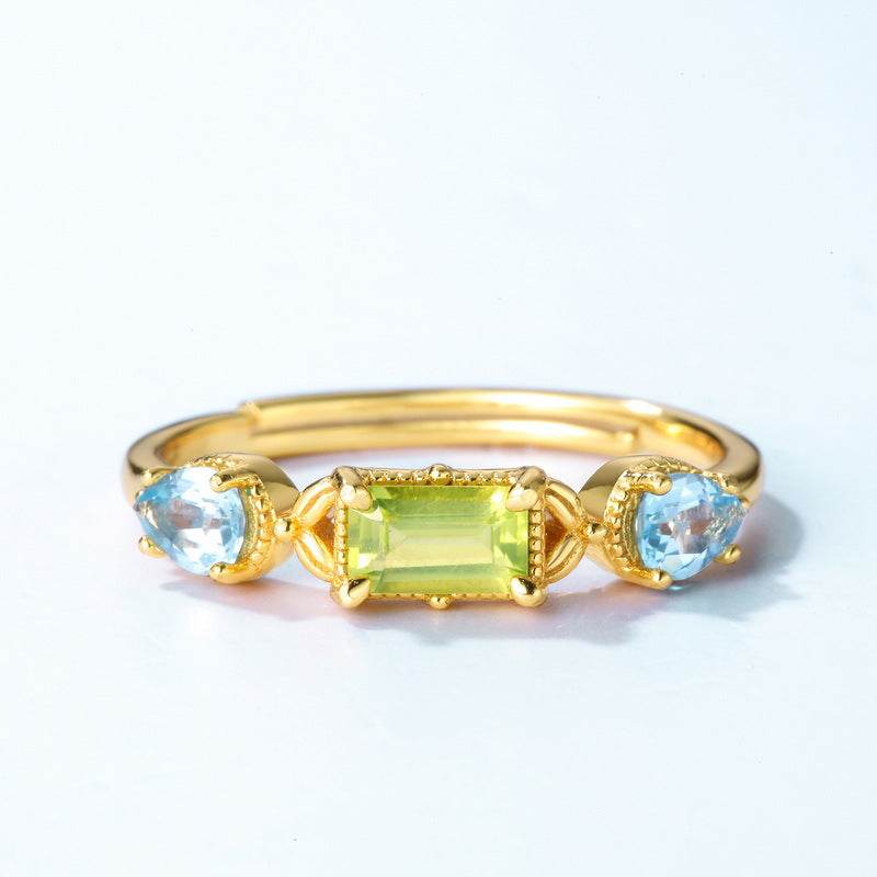 Artisan Geometric Peridot Ring - Handcrafted 925 Silver with 10K Gold Electroplate - MOWTE