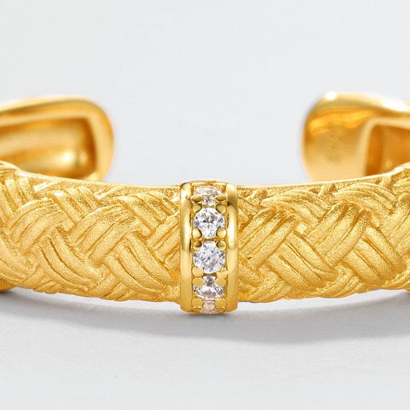Vintage Handwoven Brushed Ring S925 Gold Plated Sterling Silver Light Luxury Open Band - MOWTE