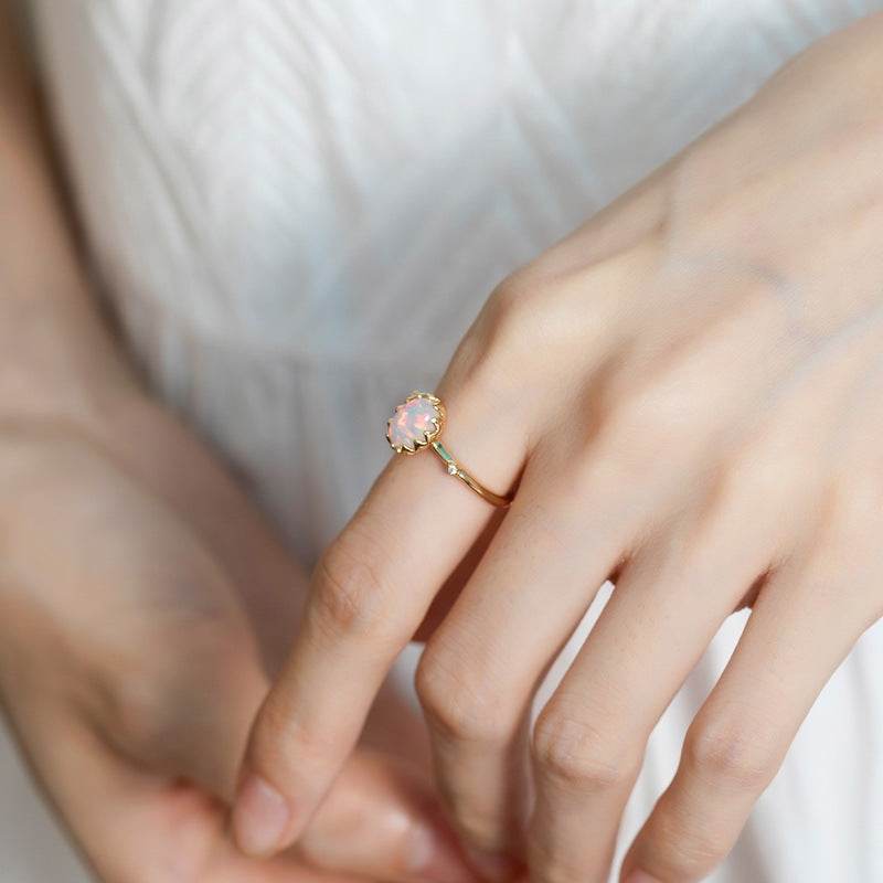 Modern Geometric Opal Band Gold Tone Sterling Silver Stackable Ring - MOWTE
