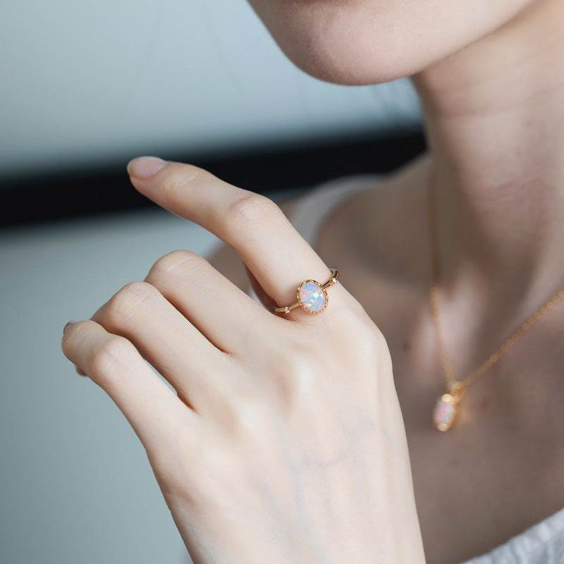 Modern Geometric Opal Band Gold Tone Sterling Silver Stackable Ring - MOWTE