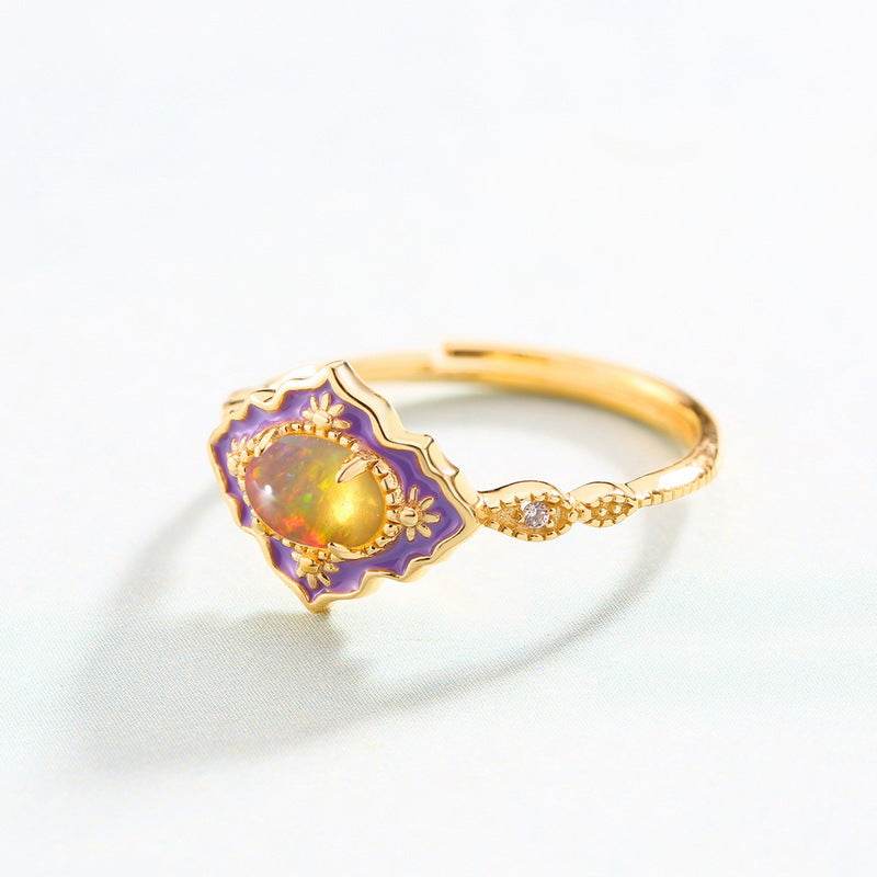 Vintage Enamel Opal Ring S925 Sterling Silver with Hand-Painted Cloisonné & Adjustable Open Band - MOWTE