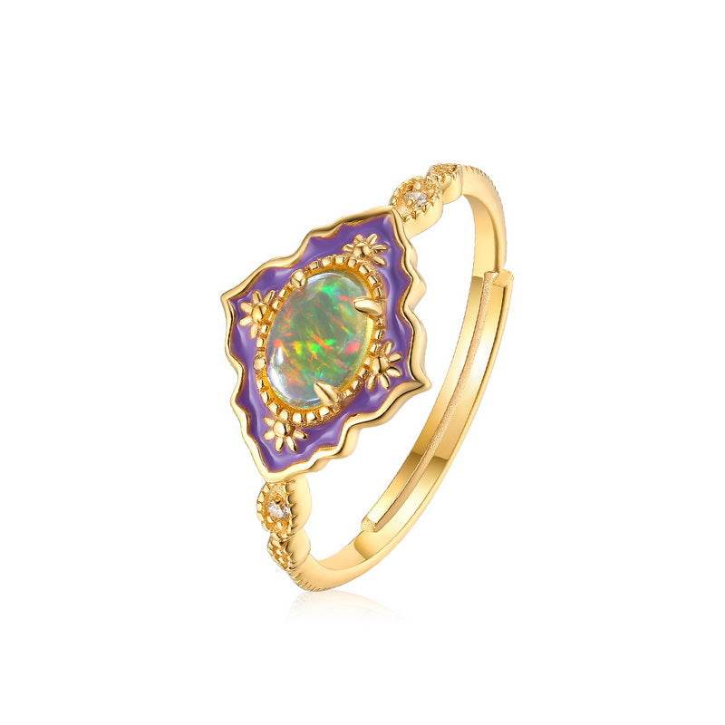 Vintage Enamel Opal Ring S925 Sterling Silver with Hand-Painted Cloisonné & Adjustable Open Band - MOWTE