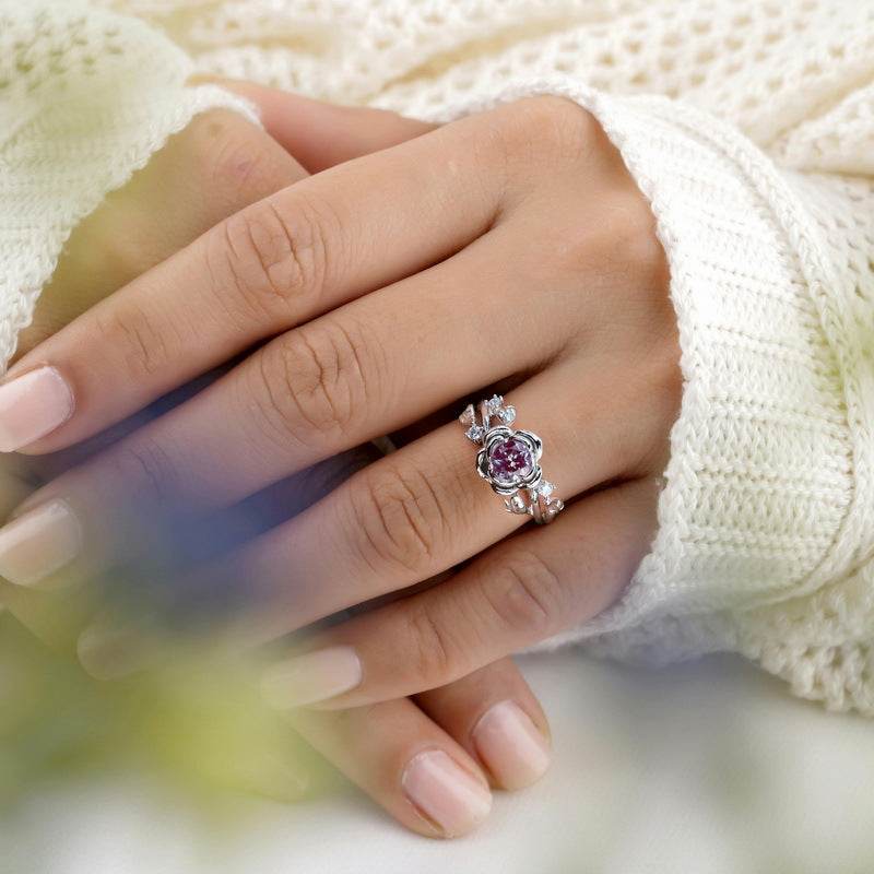 Artisan Alexandrite Rose Ring - Handcrafted 925 Sterling Silver with Color-Shifting Stone - MOWTE